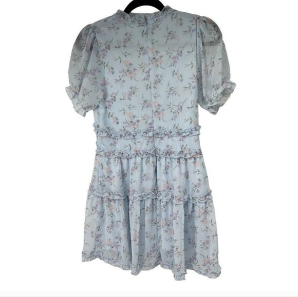 Miami Light Blue Floral Puff Sleeve V Neck Ruffled Tiers Dress Sz M - Picture 2 of 4